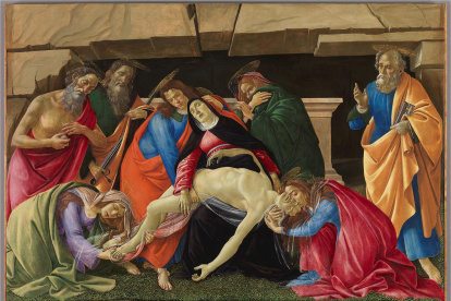 "Lamentación ante cristo muerto". Sandro Botticelli usó para algunas partes de la obra pintura al óleo mezclada con proteínas.