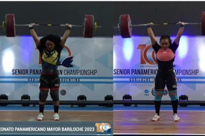 Neisi Dajomes y Tamara Salazar levantando sus respectivos pesos para conseguir las preseas.