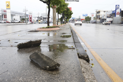 Estos restos de los bordillos están regados en el parterre central de la avenida Juan Tanca Marengo.