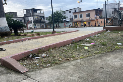 El parque. Permanece con desechos en el suelo, le falta color y áreas verdes.