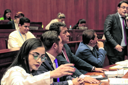 Sesión. La asambleísta Verónica Veloz junto a otros interpelantes en el juicio político. Al fondo, el legislador Fernando Villavicencio interviene.