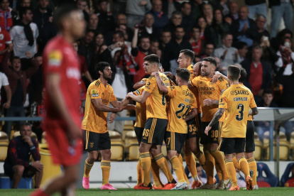 Los jugadores del Benfica celebran tras el marcador ante el Gil Vi.