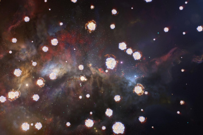 Esta reproducción artística muestra una nube de gas distante que contiene diferentes elementos químicos, ilustrados aquí con representaciones esquemáticas de varios átomos.