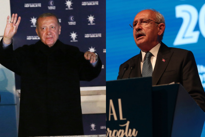 El presidente de Turquía y candidato a la reelección, Recep Tayyip Erdogan (i), y su oponente en la segunda vuelta de las elecciones presidenciales del 28 de mayo, Kemal Kilicdaroglu (d). EFE/EPA/ Necati Savas/Sedat Suna/ pddp