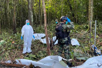 Fotografía cedida por el ejército de Colombia de las labores de recuperación en el lugar de accidente de una avioneta que cayó en medio de la selva, el 18 de mayo de 2023, en el Guaviare (Colombia). L