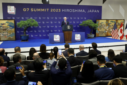 Hiroshima (Japan), 21/05/2023.- US President Joe Biden speaks during a news conference following the Group of Seven (G7) leaders summit in Hiroshima, Japan, 21 May 2023. (Japón) EFE/EPA/Kiyoshi Ota / POOL