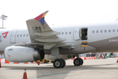 El avión de la Asiana Airlines, en el aeropuerto de Daegu, tras el aterrizaje de emergencia.