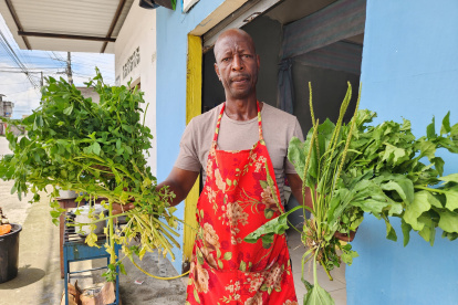 Trabajo alterno. Marco Angulo aparece con varias de las plantas medicinales al pie de su local de comida, el cual lo atiende de manera opcional a su actividad vinculada con los vegetales.