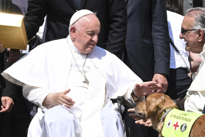 El Papa Francisco acaricia a un perro guía durante la Audiencia General semanal en la Plaza de San Pedro en el Vaticano, el 31 de mayo de 2023.