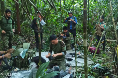 Fotografía cedida hoy por las Fuerzas Militares de Colombia que muestra a soldados e indígenas mientras atienden a los niños rescatados tras 40 días en la selva, en Guaviare (Colombia). Los cuatro niños que estaban perdidos desde el pasado 1 de mayo en las selvas del sur de Colombia tras el accidente del avión en el que viajaban junto a tres adultos fueron hallados con vida este viernes por militares que participaron en su búsqueda, informaron fuentes oficiales. EFE/ Fuerzas Militares de Colombia /SOLO USO EDITORIAL /SOLO DISPONIBLE PARA ILUSTRAR LA NOTICIA QUE ACOMPAÑA (CRÉDITO OBLIGATORIO) /MÁXIMA CALIDAD DISPONIBLE