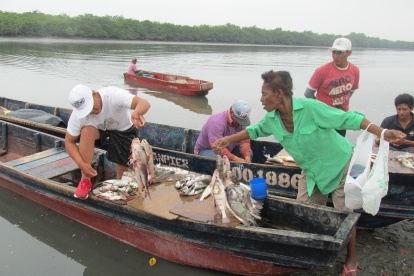 PESCADORES MIENTRAS DESCARGAN LOS MARISCOS DESDE SUS CANOAS.