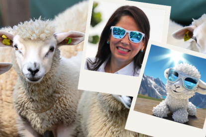 Una imagen de borregos con una bandera ondeando generada con inteligencia artificial, junto a una fotografía de la presidenciable Luisa González y su "borrego correísta"