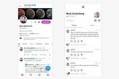 Composición de dos capturas de las cuantas de Elon Musk en Twitter y la de Mark Zuckerberg en Threads.