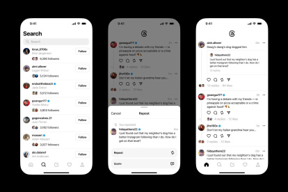 Composición de tres fotografías divulgadas por Meta donde se muestran tres pantallas de cómo buscar una persona, un tema o una publicación desde la cuenta de una persona en Threads, la nueva red social de microblogging de Meta.
