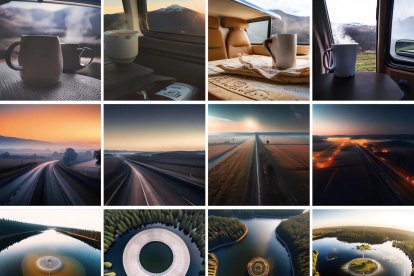 Imagen cedida por Meta (empresa matriz de Facebook) donde se muestra un set de imágenes de una taza de café humeante con montañas al fondo, un hermoso y majestuoso camino durante la puesta de sol, y una pequeña isla circular en medio de un lago rodeada de árboles generadas de texto a imagen con el modelo CM3leon.