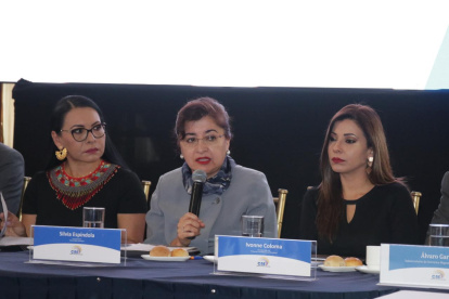 Atamaint coincidió en un conversatorio sobre voto telemático este 19 de julio con la viceministra de Relaciones Exteriores, Silvia Espindola (centro) y la jueza electoral Ivonne Coloma.