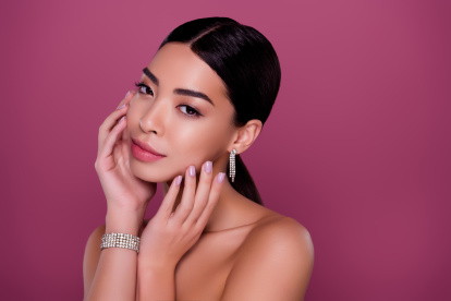 Portrait of stunning chic lady prepare for festive occasion skin care face peeling isolated on pink color background