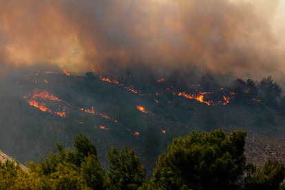 Un incendio quema árboles y vegetación baja en la zona de Malona de Rodas, Grecia, el 24 de julio de 2023.