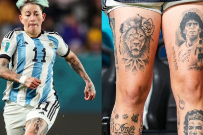 Yamila Rodríguez, integrante de la selección Argentina con los tatuajes de sus dos astros en la pierna izquierda: Maradona y Cristiano Ronaldo.