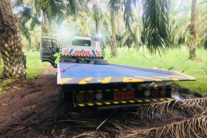 El camión tipo grúa en que se movilizaban el policía y su esposa.