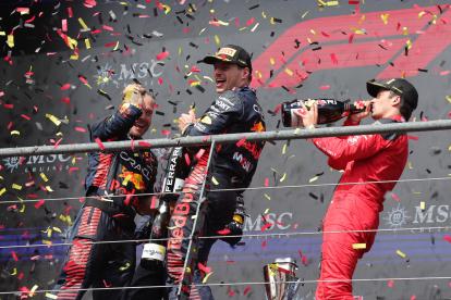 Stavelot (Belgium), 30/07/2023.- (L-R) Greg Reeson,Technician of Red Bull Racing , first winner Dutch Formula One driver Max Verstappen of Red Bull Racing and third placed Monaco"s Formula One driver Charles Leclerc of Scuderia Ferrari celebrate on the podium of the 2023 Formula 1 Belgian Grand Prix at the Circuit de Spa-Francorchamps racetrack in Stavelot, Belgium, 30 July 2023. (Fórmula Uno, Bélgica) EFE/EPA/OLIVIER MATTHYS
