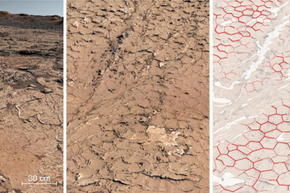 Patrón fósil hexagonal en rocas sedimentarias analizadas por Curiosity en su viaje por el cráter Gale de Marte. Imagen de NASA/JPL-Caltech/MSSS/IRAP/Rapin et al./Nature facilitada por el CNRS.