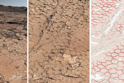 Patrón fósil hexagonal en rocas sedimentarias analizadas por Curiosity en su viaje por el cráter Gale de Marte. Imagen de NASA/JPL-Caltech/MSSS/IRAP/Rapin et al./Nature facilitada por el CNRS. EFE