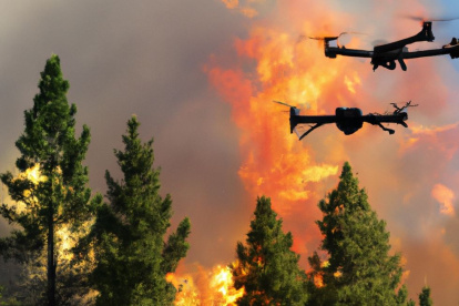 Una imagen simulada con drones atacando una zona afectada por los incendios forestales.