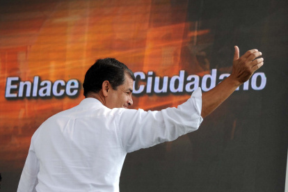 El entonces presidente Rafael Correa durante el enlace sabatino 367, transmitido desde la parroquia Tumbaco, en la provincia de Pichincha.