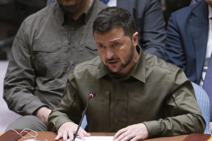 El presidente de Ucrania, Volodímir Zelenski, habla ante el Consejo de Seguridad de la ONU, este 20 de septiembre de 2023, en Nueva York.