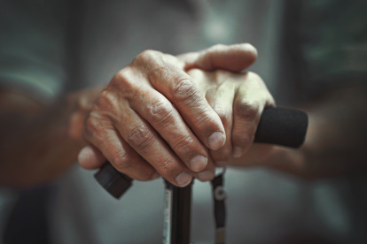 Hand of a old man holding a cane. Senior Man Holding Cane. Close-up Of old man Hands On Walking Stick.