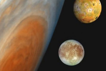 Júpiter y sus cuatro principales lunas (de arriba a abajo): Io, Europa, Ganímedes y Calisto.