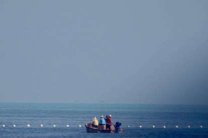 Una foto proporcionada por la Guardia Costera de Filipinas (PCG) muestra barcos de la Guardia Costera China patrullando junto a una barrera flotante en las cercanías de Scarborough Shoal en el disputado Mar de China Meridional