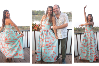 El vestido fue diseñado por la propia anfitriona y lleva los nombres de sus invitados