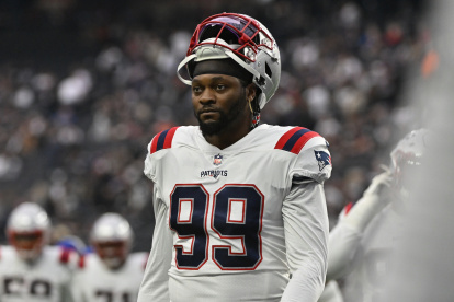 New England Patriots linebacker Jamie Collins Sr. before an NFL football game between the New England Patriots and Las Vegas Raiders, Sunday, Dec. 18, 2022, in Las Vegas. (AP Photo/David Becker)