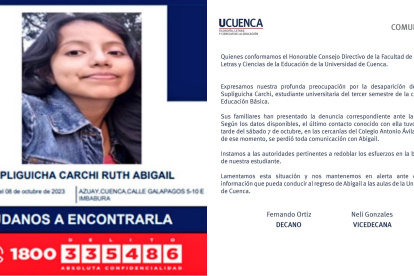 Ruth Abigail Supliguicha Carchi, fue reportada como desaparecida el 8 de octubre de 2023, en las calles Galápagos e Imbabura, en la ciudad de Cuenca.