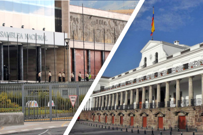 Poderes. Fachadas de la Asamblea Nacional y del Palacio de Carondelet, sedes de dos poderes del Estado.