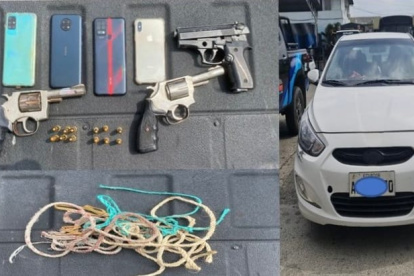 La Policía Nacional recopiló evidencias como armas, celulares, cuerdas y un vehículo.