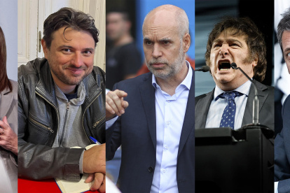 Combo de fotografías de archivo que muestra a los aspirantes a la Presidencia de Argentina, desde la izquierda, Patricia Bullrich, Juan Grabois, Horacio Rodríguez Larreta, Javier Milei y Sergio Massa.