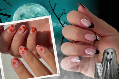 Los diseños de calabaza y el francés decorado con fantasmas le dan un aspecto tierno y delicado a sus manos.