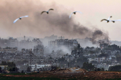 Sderot (Israel), 29/10/2023.- Birds pass as smoke rises from the northern part of the Gaza Strip as a result of an Israeli strike, 29 October 2023. More than 7,600 Palestinians and at least 1,300 Israelis have been killed, according to the Israel Defense Forces (IDF) and the Palestinian health authority, since Hamas militants launched an attack against Israel from the Gaza Strip on 07 October, and the Israeli operations in Gaza and the West Bank which followed it. EFE/EPA/HANNIBAL HANSCHKE