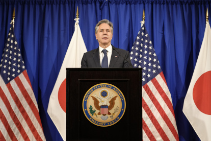 El secretario de Estado de Estados Unidos, Antony Blinken, en una rueda de prensa con motivo de su visita a Tokio para participar en una reunión de cancilleres del G7.