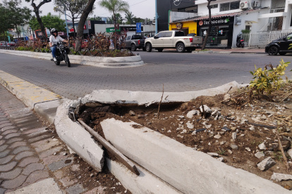 Un parterre se encuentra en mal estado en las calles Víctor Emilio Estrada y Ébanos, en Urdesa.