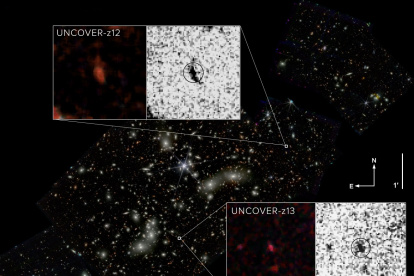 Imagen de la segunda y la cuarta galaxias más lejanas observadas, en el cluster de Pandora.