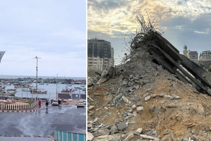 Vista del monumento que glorificaba los acontecimientos del Mármara, antes y después de que el Ejército Israelí lo destruyera durante la toma de “control operativo” del puerto de Gaza.
