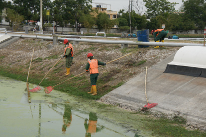 Trabajos. Interagua inició sus labores de mantenimiento de las piscinas.