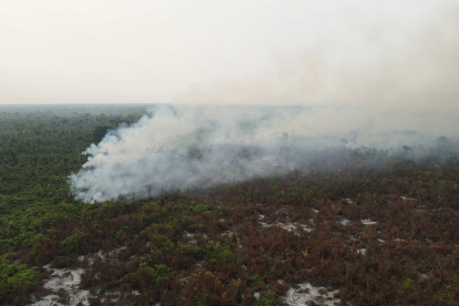 Fotografía aérea que muestra un incendio en el área municipal El Copaibo, el 13 de noviembre de 2023, en Santa Cruz (Bolivia).