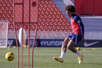 MADRID, 24/11/2023.- El centrocampista belga del Atlético de Madrid Axel Witsel controla el balón durante un entrenamiento del equipo este viernes en la víspera de su partido de LaLiga EA Sports contra el Mallorca. EFE/ Atlético de Madrid SOLO USO EDITORIAL/SOLO DISPONIBLE PARA ILUSTRAR LA NOTICIA QUE ACOMPAÑA (CRÉDITO OBLIGATORIO)