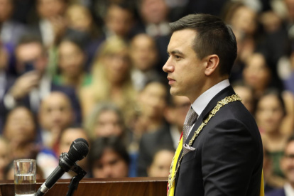 Referencia. El flamante presidente Daniel Noboa durante el cambio de mando, en Quito.