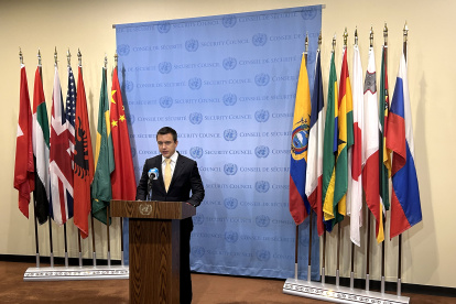 El presidente de Ecuador, Daniel Noboa, en una rueda de prensa en las Naciones Unidas